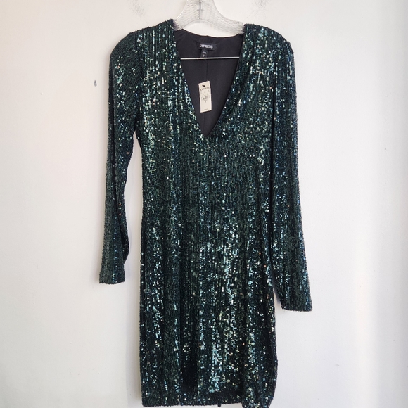 Express Emerald Green Sequins Knee Length V Neck Dress size Small - Picture 4 of 9